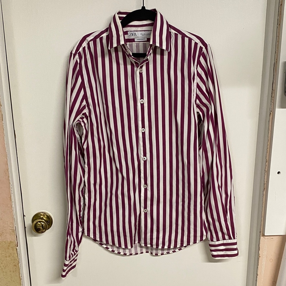 Zara Men's Purple and White Striped Button Down Superslim Fit Shirt